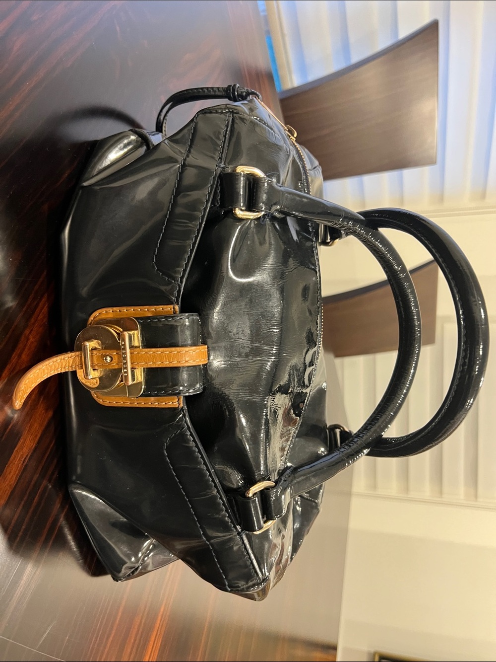 Hugo Boss Black Patent Leather Satchel with Tan Accent